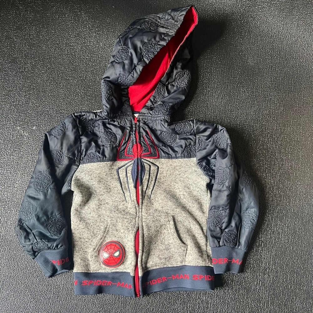 Marvel Spider-Man Boys Zip Up Hoodie‎ Navy Grey Quilted Sleeves Size 6